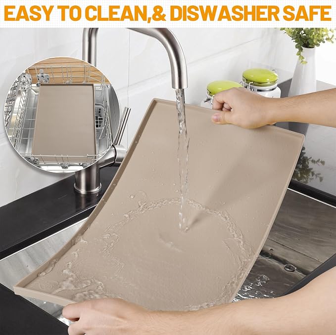 Hubulk Dog Feeding Mat,100% Waterproof Food Grade Silicone Pet Food and Water Bowl Placemat,Dishwasher, High Raised Edge to Prevent Spills,Nonslip Tray to Stop Messes on Floor（32"x24"x1.0", Taupe）