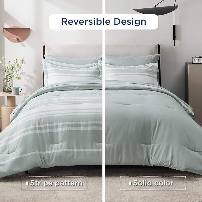 Bedsure Bed in a Bag Twin Size 5 Pieces, Sage Green White Striped Bedding Comforter Sets All Season Bed Set with 1 Pillow Sham, Flat Sheet, Fitted Sheet and 1 Pillowcase