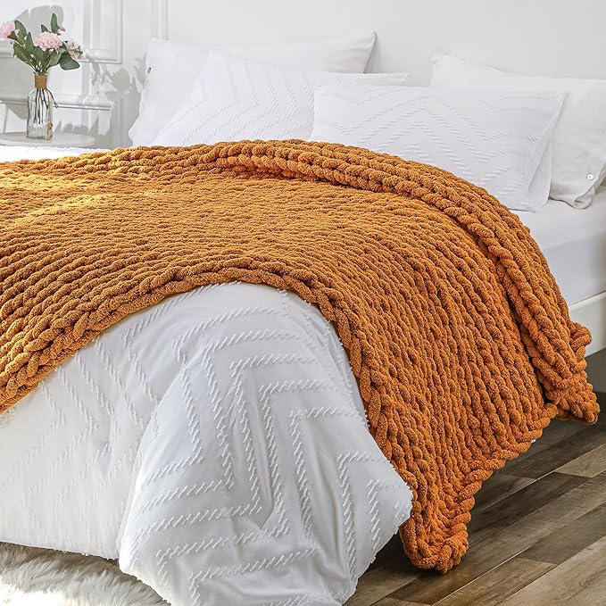 Bigacogo Chunky Knit Throw Blanket for Couch, 51x63 inches, 100% Hand Knitted with Thick Jumbo Chenille Yarn, Cozy Soft Large Rope Knot Cable Crochet Blankets for Sofa Bed Living Room, Burnt Orange