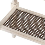 Rustic Farmhouse Cottagecore Accent End Table, Distressed Accent Side Table with Espresso Tray Top and Woven Wicker Shelf, Boho, French Country Decor, Square, Weathered Brown & White