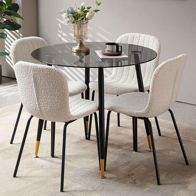 Dining Chair Set of 4, Boucle Kitchen Chairs for Small Spaces, White | Black Metal Legs, Curved Backrest, Fabric Upholstered, Modern Comfort for Dining Room, Space-saving, Restaurant & Cafe