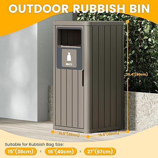 Outdoor Trash Can, Waterproof Resin Garbage Can Indoor and Outdoor Use, Durable & Weather-Resistant Commercial Garbage Can, Outside Trash Bin for Patio, Kitchen