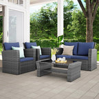 Wisteria Lane 4 Piece Outdoor Patio Furniture Sets, Wicker Conversation Set for Porch Deck, Grey Rattan Sofa Chair with Cushion （Blue
