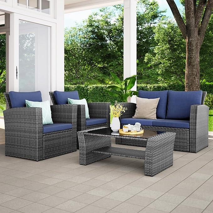 Wisteria Lane 4 Piece Outdoor Patio Furniture Sets, Wicker Conversation Set for Porch Deck, Grey Rattan Sofa Chair with Cushion （Blue