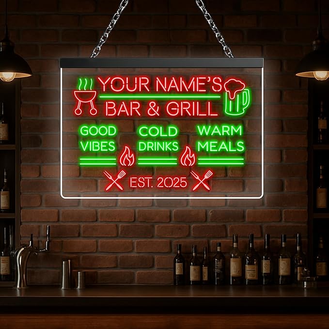 BBQ Neon Sign Custom Bar and Grill Sign Patio LED Lights Personalized Backyard Bar Signs for Men Outdoor Lighted Patio Acrylic Table Grilling Kitchen Home Garden Wall Decor