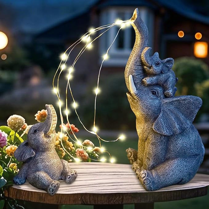 FORUP Garden Elephant Statue, Solar Elephant Statues for Garden Decor, Elephant Figurine with Solar Watering Lights, Elephant Outdoor Sculptures for Outside Porch Patio Balcony Front Yard