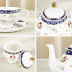 fanquare Bone China Tea Sets for Adults, 21-Piece Blue Lace and Roses Porcelain Tea Service with Sugar Bowl & Creamer, English Cremic Floral Teacups Set of 6 for Women Tea Party | Porcelain Tea Service with Sugar Bowl and Creamer, English Floral Cerami...