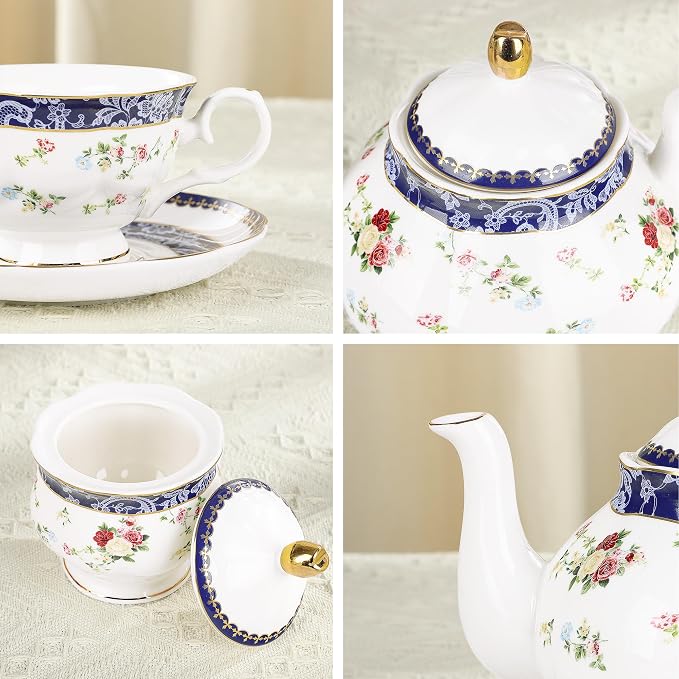 fanquare Bone China Tea Sets for Adults, 21-Piece Blue Lace and Roses Porcelain Tea Service with Sugar Bowl & Creamer, English Cremic Floral Teacups Set of 6 for Women Tea Party | Porcelain Tea Service with Sugar Bowl and Creamer, English Floral Cerami...