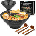 NJCHARMS Ceramic Ramen Bowl Set of 2, 60 oz Japanese Noodle Soup Bowls with Spoons and Chopsticks for Ramen Soup Pho Udon Asian Noodles, Large Noodle Bowls(Black