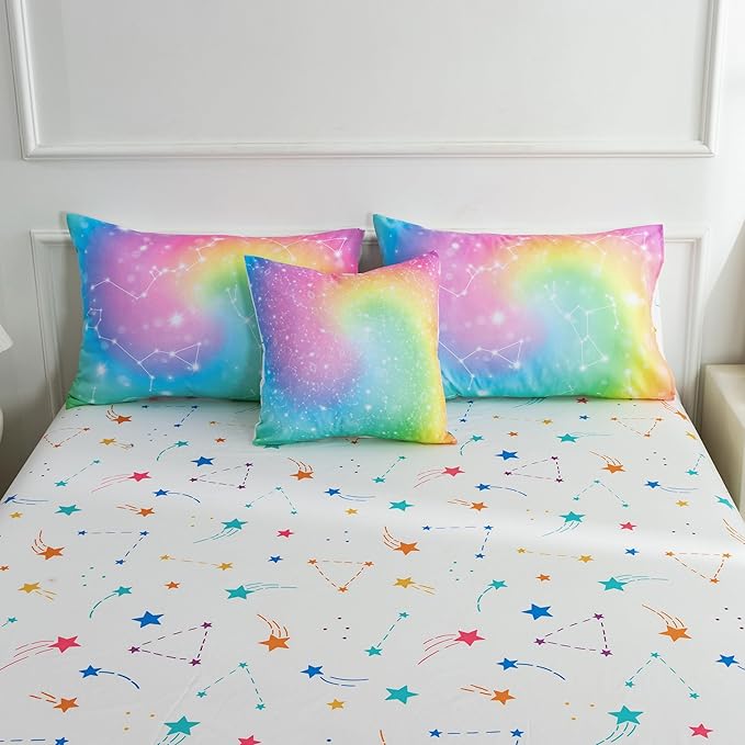 Btargot 6 Piece Tie Dye Constellation Comforter Set Bed in A Bag, Galaxy Rainbow Stars Pattern Bedding Set for Boys Girls Teen, Queen Multi