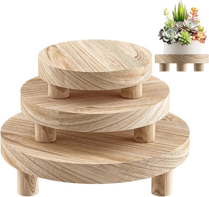 3 Pcs Wood Plant Stand Indoor Outdoor, Round Wood Riser for Decor 6/8/10" Wooden Stool Display Stand Flower Pot Holder Small Planter Tray Modern Potter Decorative for Desktop Counter Room (Natural)
