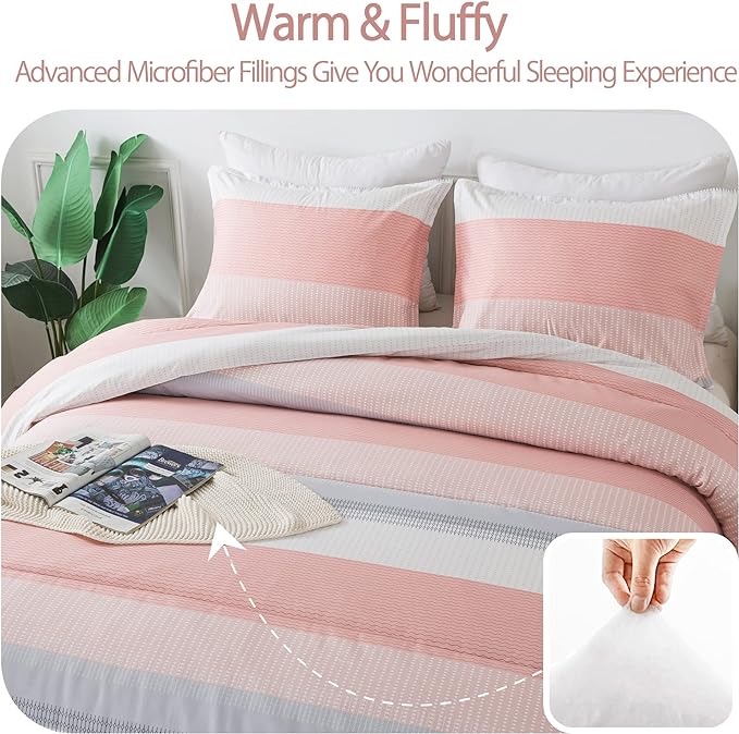 Andency Stripe Comforter Set Twin Size (66x90 Inch), 2 Pieces Pink Patchwork Striped Comforter, Soft Microfiber Down Alternative Comforter Bedding Set with Corner Loops