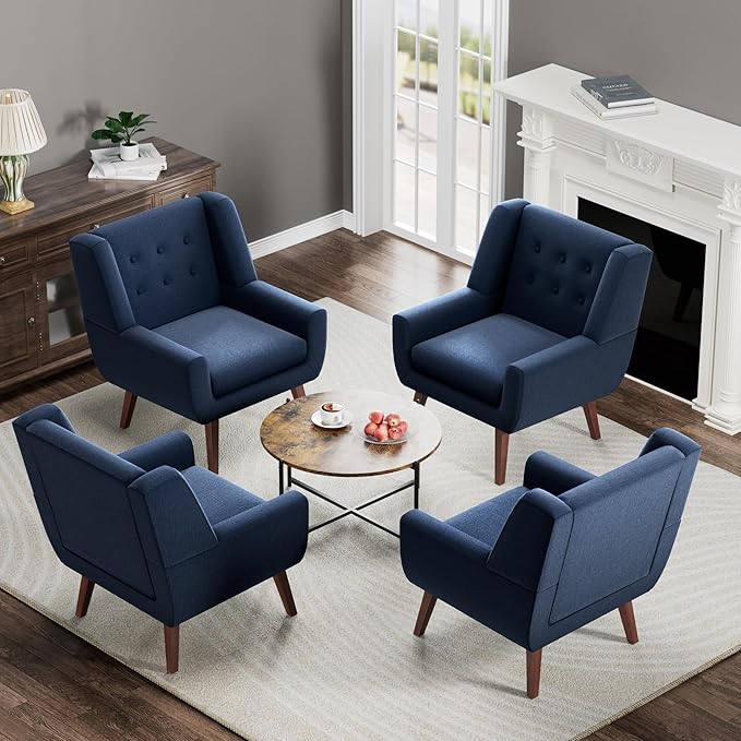 HUIMO Accent Chairs Set of 4, Upholstered Button Tufted Armchair, Linen Fabric Sofa Chairs for Bedroom, Living Room, Mid Century Modern Comfy Reading Chair (4, Dark Blue)