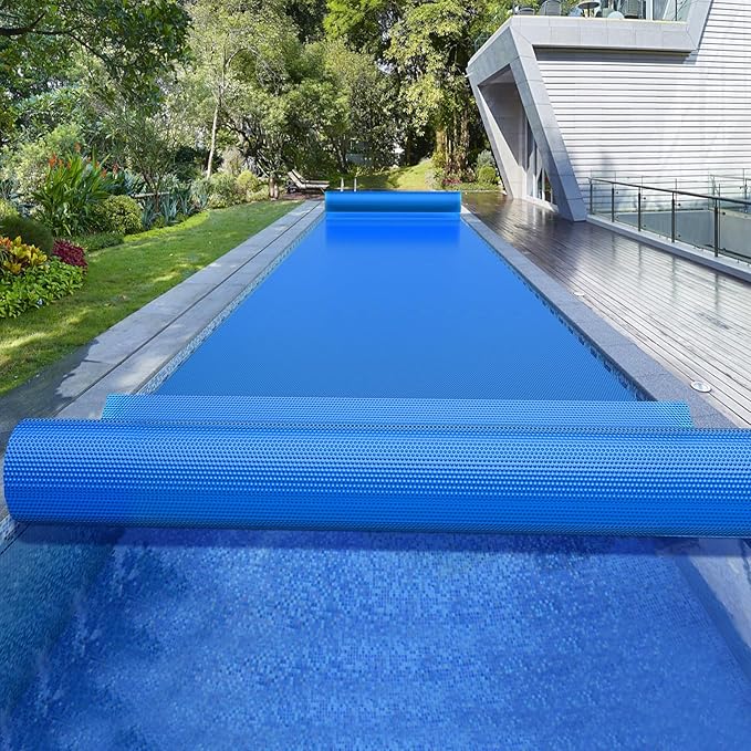 BigXwell Solar Pool Cover, Blue 16-mil 12 x 32 Foot Rectangle Pool Heaters for Above-Ground and In-Ground Pools, 1600 Series Heavy-Duty Insulating Pool Heater Cove for Swimmer