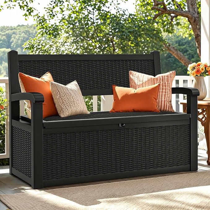 YITAHOME 70 Gallon Deck Bench with Storage, Outdoor Storage Box Bench with Armrests for Patio Garden Pool Porch, Waterproof&Lockable, Black