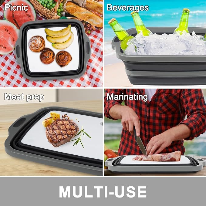 Tiawudi Large Collapsible BBQ Prep Tub with Lid(4.22 Gal/16L), Foldable Camping Sink with Colander, Cutting Board, Dish Basin for Kitchen, Bowl, Vegetable and Fruit, Storage Basket for Picnic