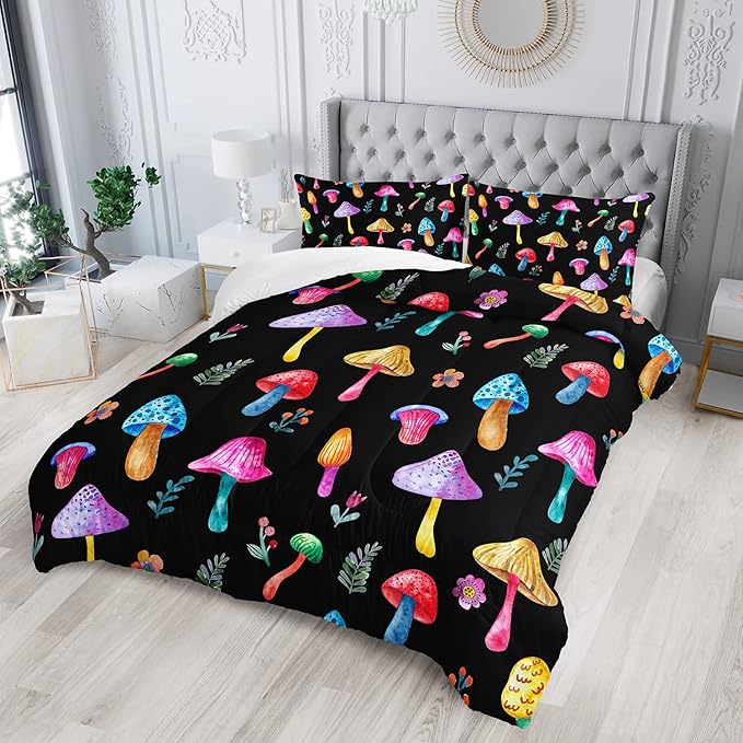 Colorful Mushroom Comforter Set Full Size Kids Mushroom Flora Bedding Set Botanical Plant Theme Print Quilt Bed Set for Boys Girls Adults with 1 Comforter and 2 Pillowcases