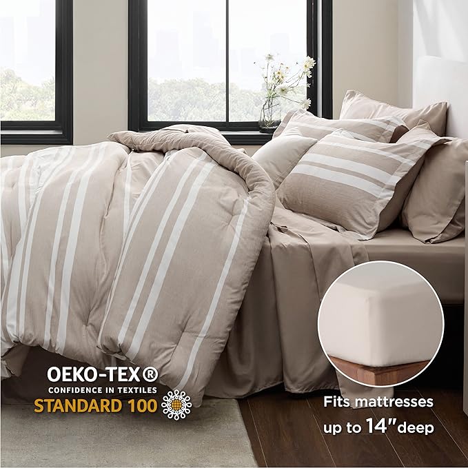 Bedsure Bed in a Bag Queen Size 7 Pieces, Light Camel White Striped Bedding Comforter Sets All Season Bed Set Khaki, 2 Pillow Shams, Flat Sheet, Fitted Sheet and 2 Pillowcases