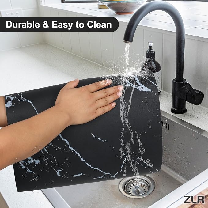 ZLR Coffee Bar Mat for Espresso Machine, 12"x20" Medium, Marble Black | Absorbent Dish Drying Mat, Stain-Hiding PU Top, Non-Slip Back, Fits Grinder, Knock Box, Tamper & Milk Frother