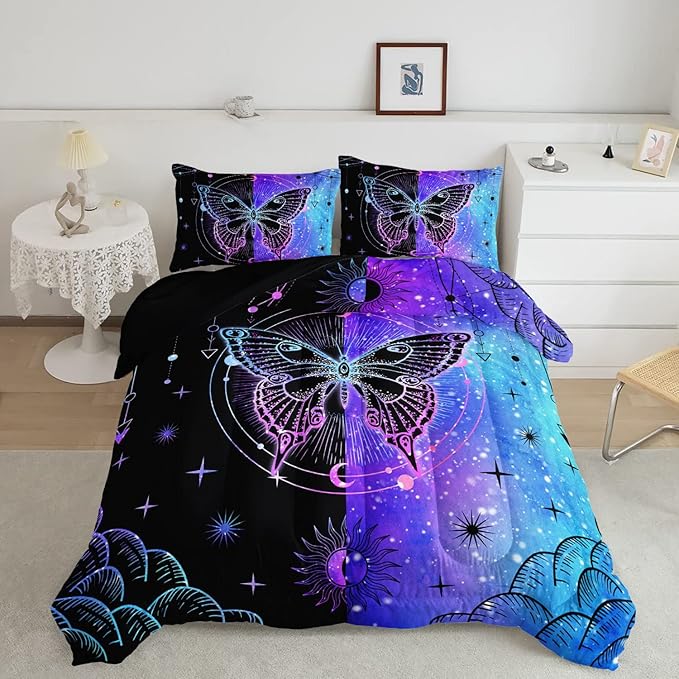 Datura home Black Blue Butterfly Comforter Set for Girls Women,Boho Butterfly Sun and Moon Mandala Printed Bedding Set with 2 Pillowcases(Black Blue Full)