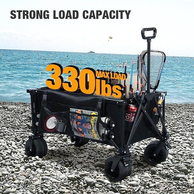 REDCAMP 49" L Extended Collapsible Beach Fishing Cart with Rod Holders, 330LBS Heavy Duty Extra Large Folding Utility Garden Cart with Tailgate and Big All-Terrain Wheels for Grocery, Sport, Fishing