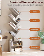 SUNMORY 6 Tier Tree Bookshelf, Tall Bookcase with Storage Cabinet, Modern Narrow Bookshelves Organizer, Floor Standing Book Shelf for Bedroom/Living Room/Home Office/Corner, Grey