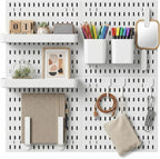White Pegboard Wall Organizer Kit, 4 Pcs 12 x 12 in ABS Plastic Peg Board Panels with 10 Small Hooks, 2 Big Hooks, 2 Shelves, Wall Mounted Pegboard for Desk, Craft Room, Office and Kitchen Storage