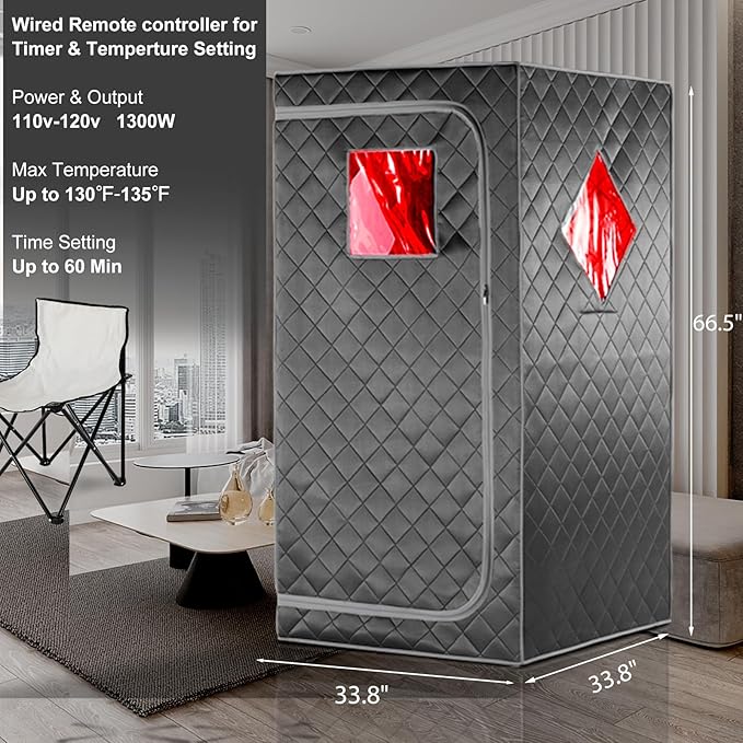 Full Size Portable Personal Infrared Sauna for Home, Personal Home Spa Tent with Remote Control, Heating Foot Pad, Foldable Reinforced Chair （Grey, L33.8 x W 33.8" x H 66.5"