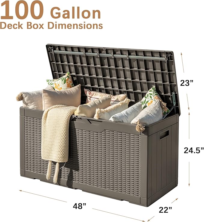 Devoko 97 Gallon Deck Box, Waterproof Resin Outdoor Storage Box for Outside and Patio, Large Outdoor Storage Bench Cabinet Lockable for Patio Furniture, Garden Tools and Pool Supplies (Brown)