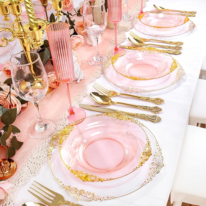 100PCS Clear Pink Plastic Bowls - 12 oz Pink Gold Disposable Salad Bowls - Heavy Duty Disposable Soup Bowl - Fancy Plastic Ice Cream Bowl for Weddings Parties Dinners Picnics