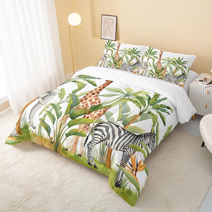 Wild Animal Comforter King Size,Elephant Giraffe Zebra Kids Comforter Set,3Pcs Bedding Set Printed Comforter with 2 Pillowcases,Down Alternative,Soft and Lightweight