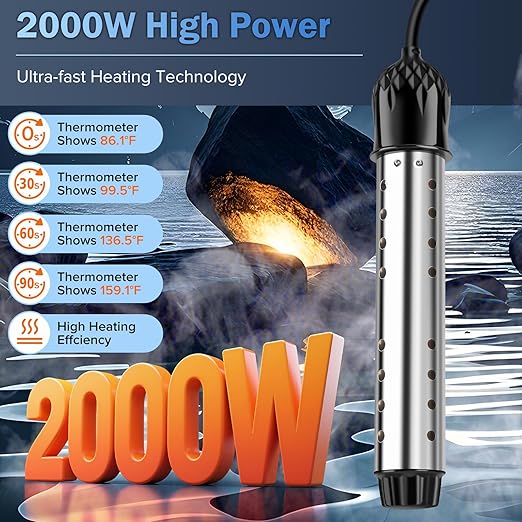 Portable Water Heater 2000W, Pool Heater - Immersion Heater with Digital Thermometer, Upgraded Magnesium Oxide Heating for Fast Heating, for Small Pools, Bathtubs, Buckets, Tanks