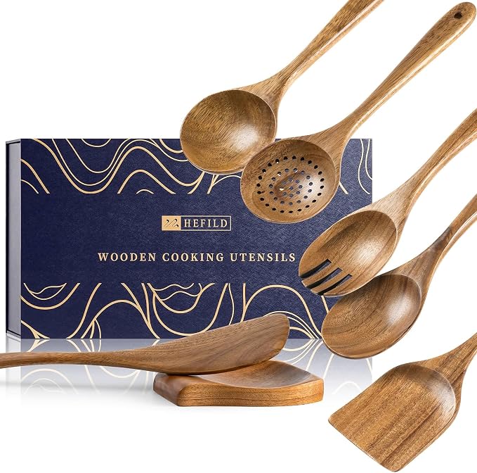 Wooden Spoons for Cooking, 7-Piece Acacia Wood Utensil Gift Set | Spoons and spatulas stir, mix, flip and serve; gift-ready box makes it ideal for housewarmings, weddings and new kitchens.