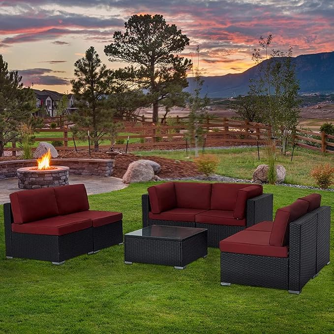 ClawsCover 14Pack Outdoor Patio Seat and Back Cushions Replacement Covers Fit for 7Pieces 6-Seater Wicker Rattan Sectional Couch Chair Furniture Set,Burgundy-Include Cover Only (Small)