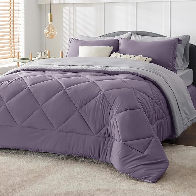 Bedsure Grayish Purple California King Size Comforter Set - 7 Pieces Reversible Cal King Bed in a Bag, Cal King Grayish Purple and Grey Bed Set with Comforters, Sheets, Pillowcases & Shams