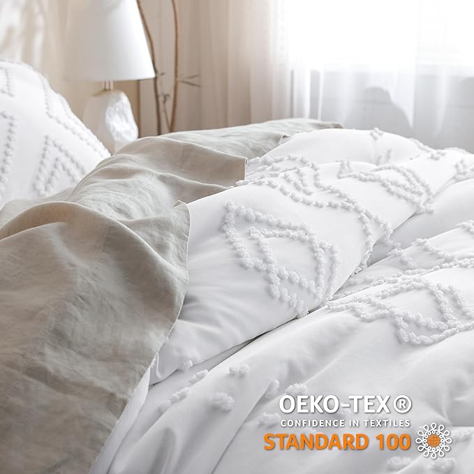 Bedsure Boho Comforter Set Full - Linen Tufted Bedding Comforter Set, 3 Pieces Farmhouse Shabby Chic Embroidery Bedding Set, Soft Geometric Pattern Comforter for All Seasons