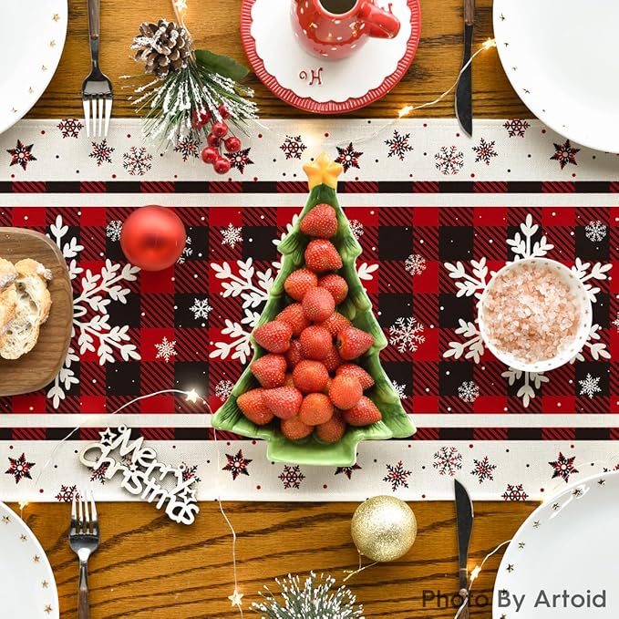 Artoid Mode Buffalo Plaid Snowflakes Christmas Table Runner, Seasonal Winter Kitchen Dining Table Decoration for Home Party Decor 13x108 Inch