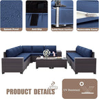 Patio Furniture Set Sofa 12-Pieces Wicker Sectional Sofa Set, Outdoor Furniture Rattan Patio Conversation Set with Thickened Cushions and Glass Coffee Table, Navy Blue