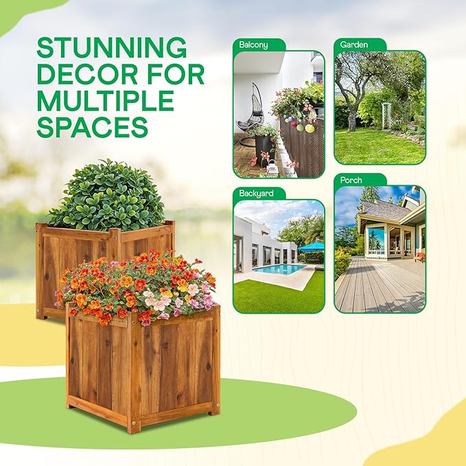 IDZO Set of 2 Acacia Wood Flower Planters for Outdoor Plants, Ergonomic Handles, Drainage Holes, Various Sizes, Ideal for Home Décor, Light Cherry
