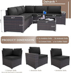 Patio Furniture Set Sofa 6-Pieces Wicker Sectional Sofa Set, Outdoor Furniture Rattan Patio Conversation Set with Thickened Cushion and Glass Coffee Table, Black