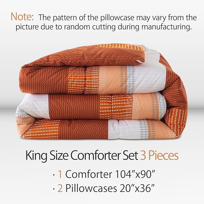 Andency Stripe Comforter Set King Size (104x90 Inch), 3 Pieces Terracotta Patchwork Striped Comforter, Soft Microfiber Down Alternative Comforter Bedding Set with Corner Loops