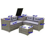 Patio Furniture Set, 4 Pieces PE Wicker Rattan Outdoor Conversation Sectional Sofa with Tempered Glass Table and Storage Box, for Backyard Lawn Garden Lown Porch, E-Grey