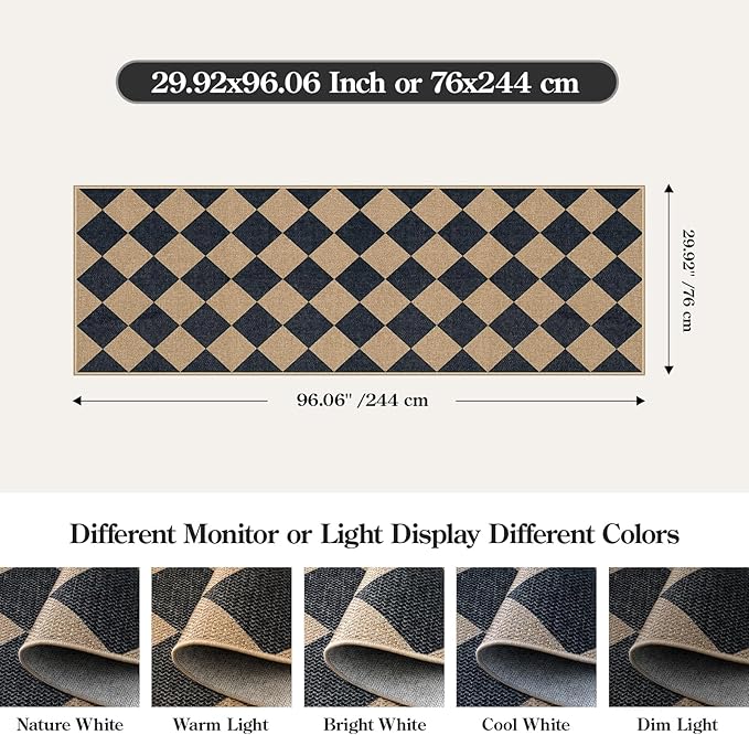 Lahome Checkered Easy Jute Runner Rug, 2x8 Hallway Kitchen Runner Rug Non Slip Washable Outdoor Carpet for Entryway Indoor, Checkerboard Black Indoor Outdoor Carpet for Hallway 8ft Entry