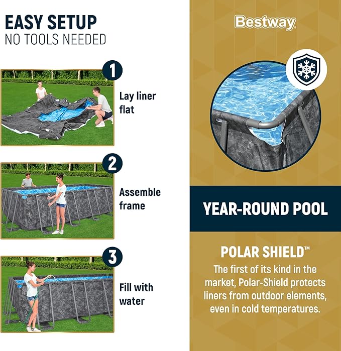 Bestway APX 365 18' x 9' x 52" Rectangular Above Ground Swimming Pool Outdoor Backyard Framed Pool Set with Sand Filter Pump, Ladder, and Cover, Gray