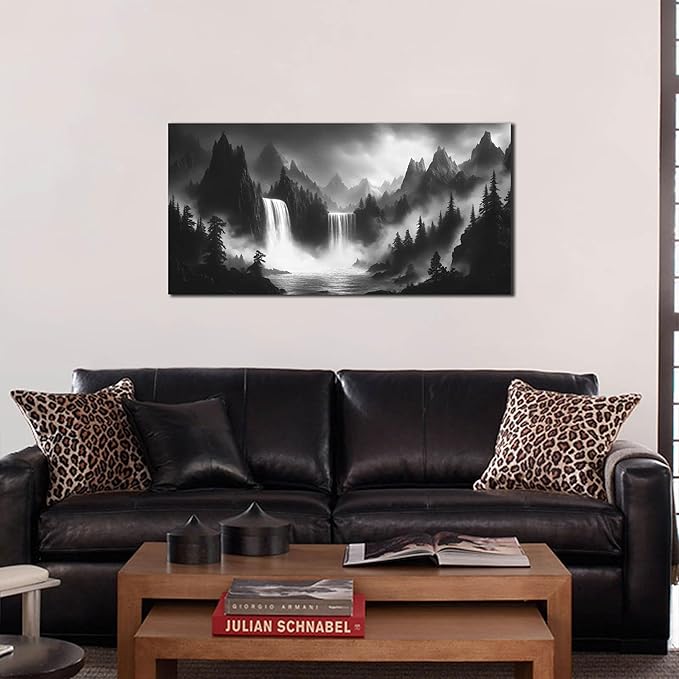 Mountain Wall Pictures for Living Room Decor - Black and White Wall Art Bedroom - Waterfall Canvas Wall Art for Office Size 20" x 40"