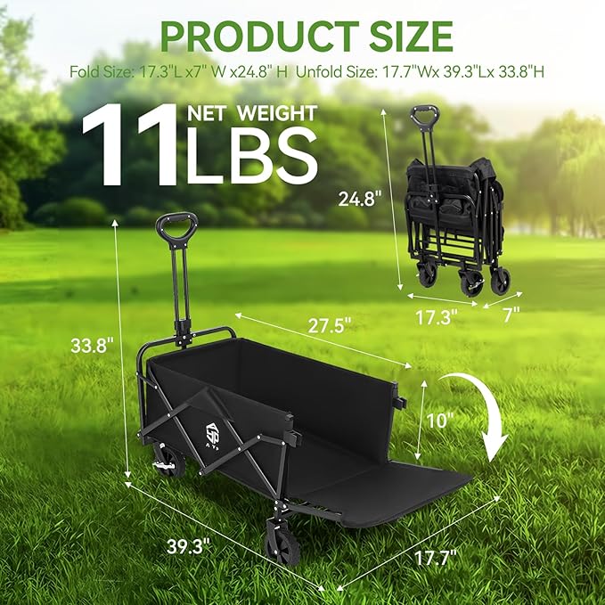 AYP Collapsible Wagon Cart Foldable with Wheels, Beach Wagon with Extended Tailgate & Brake, Heavy Duty Rolling Carts for Garden, Grocery Shopping, Camping, Outdoor Sports, Yard Work, Fishing