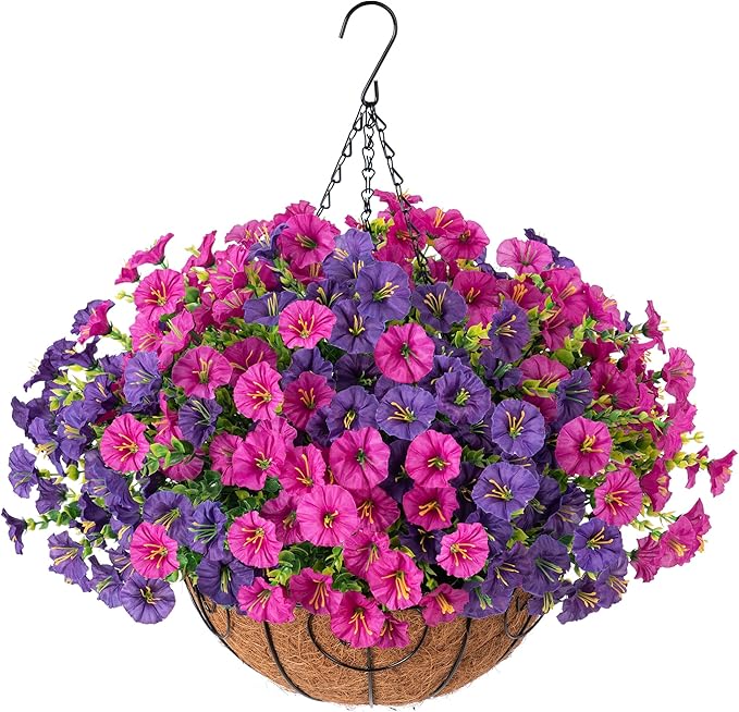 Artificial Faux Hanging Flowers Plants Basket for Spring Summer Outdoors Decoration, Silk Morning Glory with Eucalyptus Look Real UV Resistant Fake Flowers for Outside Porch Patio Balcony Home, Mix