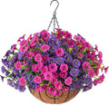 Artificial Faux Hanging Flowers Plants Basket for Spring Summer Outdoors Decoration, Silk Morning Glory with Eucalyptus Look Real UV Resistant Fake Flowers for Outside Porch Patio Balcony Home, Mix