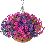 Artificial Faux Hanging Flowers Plants Basket for Spring Summer Outdoors Decoration, Silk Morning Glory with Eucalyptus Look Real UV Resistant Fake Flowers for Outside Porch Patio Balcony Home, Mix