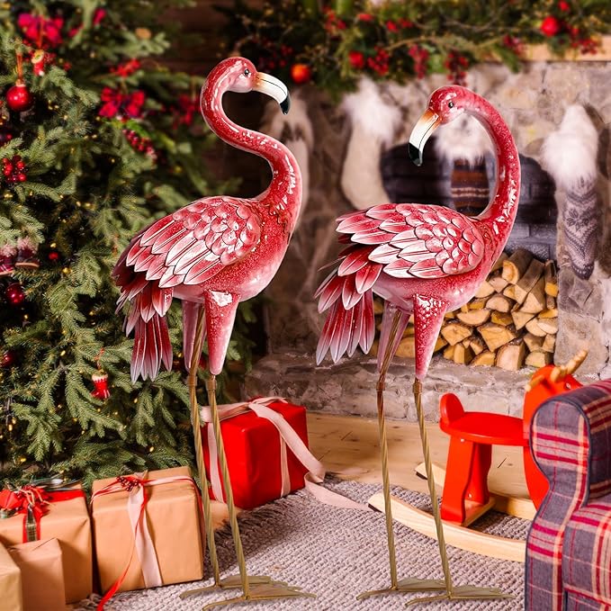Kircust Flamingo Garden Statues and Sculptures, Metal Birds Yard Art Outdoor Statue, Large Pink Flamingo Lawn Ornaments for Home, Patio, Backyard Decor (2-Pack)